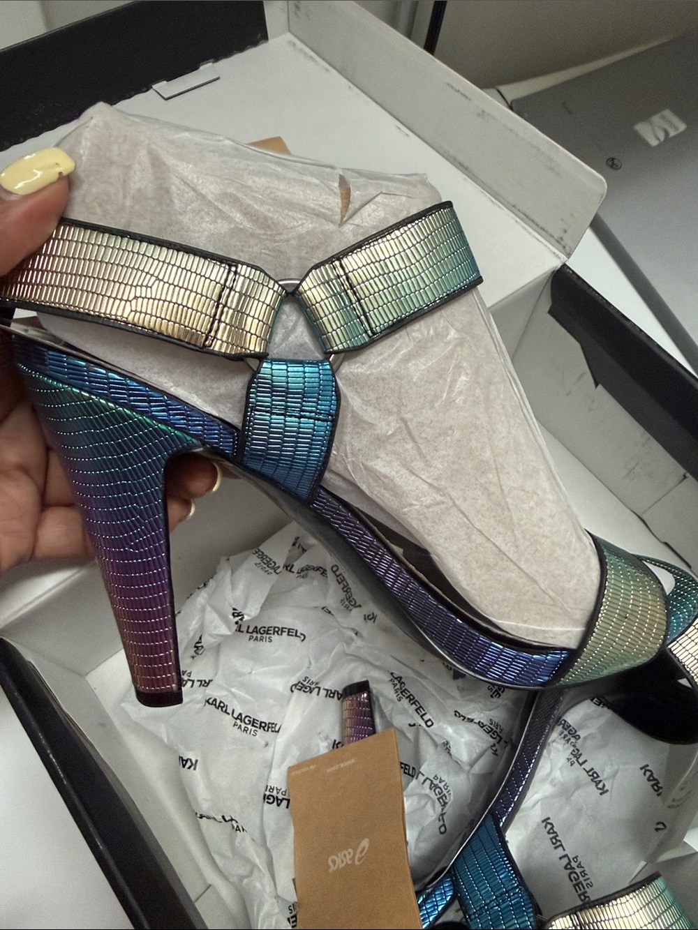 Karl Lagerfeld Iridescent Ankle Strap Heels - Picture 3 of 4